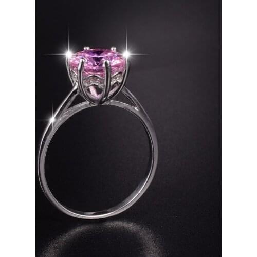 Hot Sale Brand 925 sterling silver ring classic six claw 3ct 8mm pink Big simulated Diamond Engagement Wedding rings for women