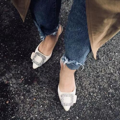 Pointed Toe Bling Buckle Fashion Mules Women Smooth Satin Pumps Kitten Heel Cozy Slipper Female Shoes