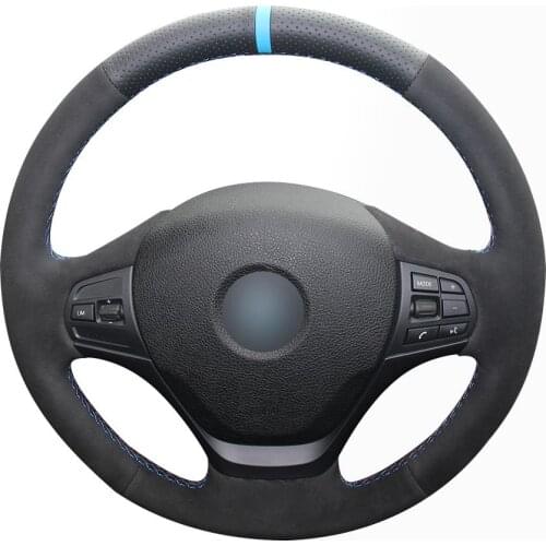 Non-slip Durable Black Natural Leather Black Suede Light Blue Marker Car Steering Wheel Cover For Bmw F30 316i 320i 328i