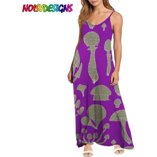 NOISYDESIGNS Dress Women Mushroom Printed Purple Blue Orange Long Dress Sleeveless Summer V Neck Dresses Women Casual Robe Femme