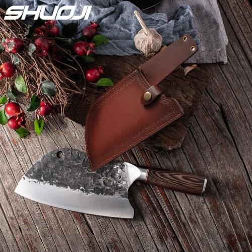 SHUOJI Butcher Knife Traditional Hammered Stainless Steel Knife Chefs Chopper Cooking Handmade Kitchen Cleaver & Cover Case