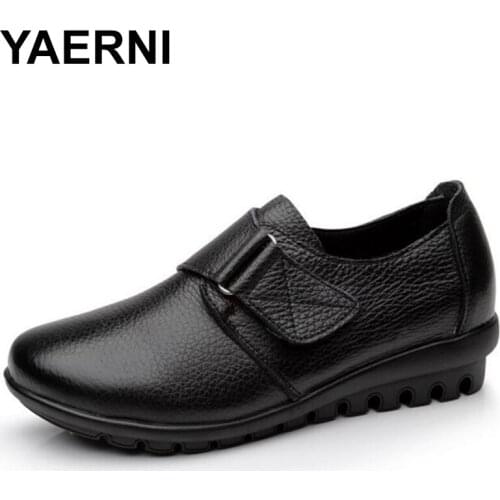 YAERNI flats Shoes Woman Genuine Leather Women Shoes Flats 3 Colors Buckle Slip On Womens Flat Shoes Moccasins Plus Size