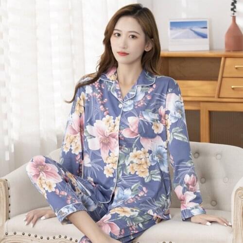 Autumn and Winter Cotton Ladies Pajamas Lapel Cardigan Long-sleeved Trousers Two-piece Casual Loose Fashion Home Service