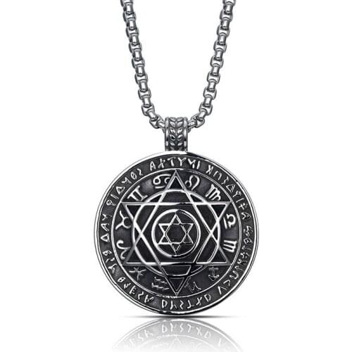 Talisman Hexagram Solomon Amulet Pendant Necklace Cool Punk Stainless Steel Hexagram Round Necklace for Men Jewelry