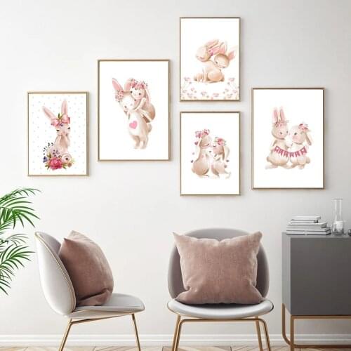 Rabbit Poster Painting Animal Kindergarten Wall Art Print Canvas Painting Flower Scandinavian Girl Baby Room Decoration Picture