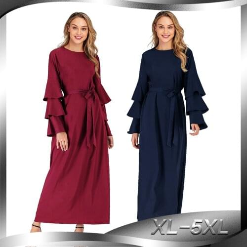 Dress Abaya Kaftan Women Tie Waist Causul Trendy Round Neck Multi-layer Pile Long Sleeve Long Dress Women Muslim Clothes