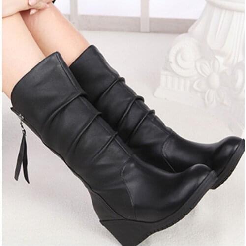 Shorha Winter Boots Women Boots Wedge Mid Calf Boots Women Shoes Black Fashion Mother Shoes Leather Boots Round Toe Ladies Shoes