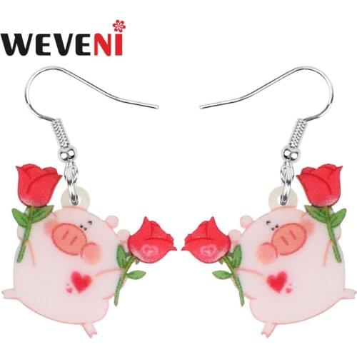 WEVENI Acrylic Valentines Day Anime Pig Rose Earrings Drop Dangle Jewelry For Women Girls Teens Charm Decoration Gift Accessory