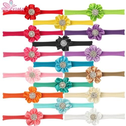 XIMA 17pcs/lot 2''Flower Headband Kids Hair Accessories Soft Nylon Flower Headband with Diamond Girls Elastic Hair Bands