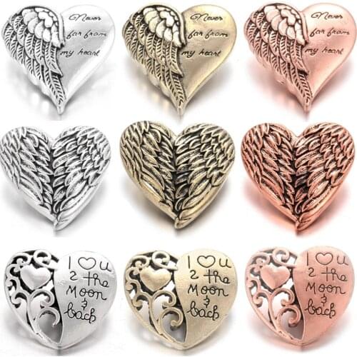 6pcs/lot Snap Jewelry 18mm Snap Buttons Vintage Love Heart Angle Wings Metal Interchangeable Snaps Fit Snap Bracelet Necklace