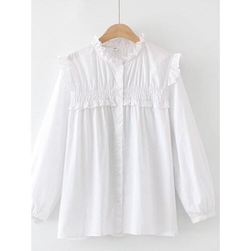 Plus Size Womens Full Cotton Blouse Long Sleeved Solid White Black Blusas Ladies Workwear Tops