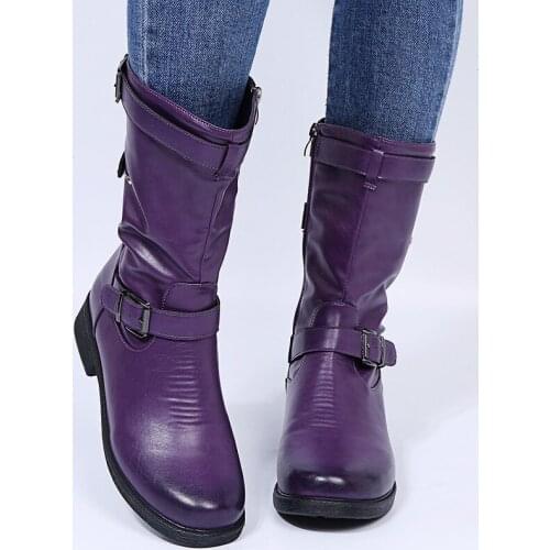 Womens Solid Color Mid-Calf Boots Ladies Side Zipper Buckle Wrap Square Heels Footwear Females New Design Shoes Plus Size 35-43