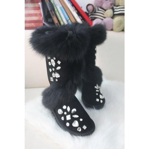 Winter handmade custom leather fox fur luxury rhinestone snow boots wild thick warm womens boots