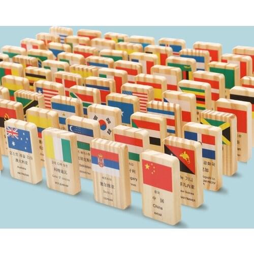 100pcs Domino Blocks Wooden Toys Multilingual Country National Flag Understanding the World Early Education Cognitive Game Gift