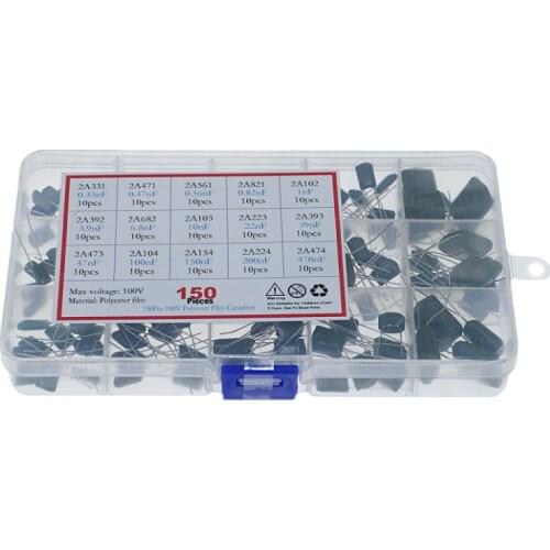 150PCS 15 kinds of specifications 100V polyester capacitor bag polyester film capacitor mixed box