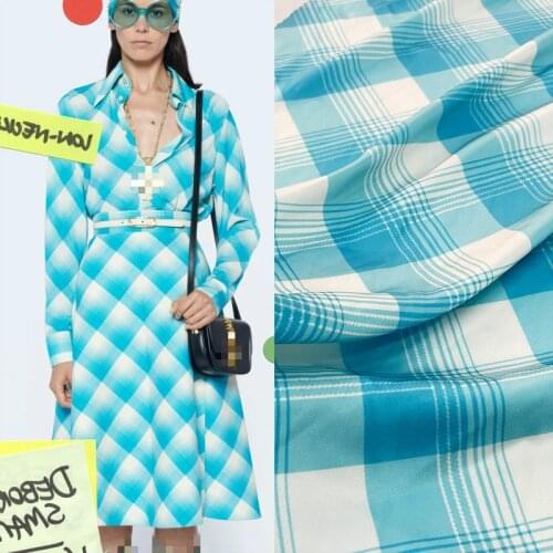 Blue Plaid Geometric Printed Satin Skirt Shirt Show High Custom Fabric Fashion 2021 Spring and Summer Fabric Type Material