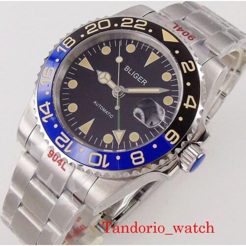 Bliger Mechanical Automatic Men Watch 40mm Black Dial GMT Sapphire Glass 904L Oyster Bracelet Date