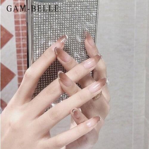 GAM-BELLE 24Pcs Rhinestones Tips False Nails Brown Gradient Full Cover Artificial Press On Nails Ellipse DIY Decor With Glue