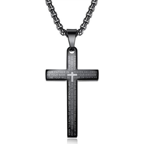Fashion Vintage Cross Pendant Necklace Men Black Stainless Steel Long Chain Necklaces Jewelry Scripture Male Gift Wholesale