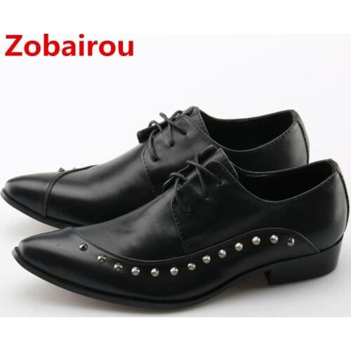 Zobairou mens dress shoes black spiked loafers oxford shoes for men leather shoes studded iron pointy toe high heels shoes