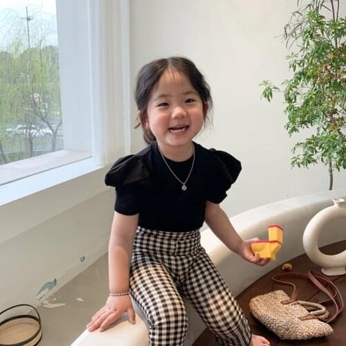 2021 Summer New Solid Color Kids T-shirts Korean Style Puff Sleeve Baby Girls Tops Knitted Elastic Short-sleeved Children Tees