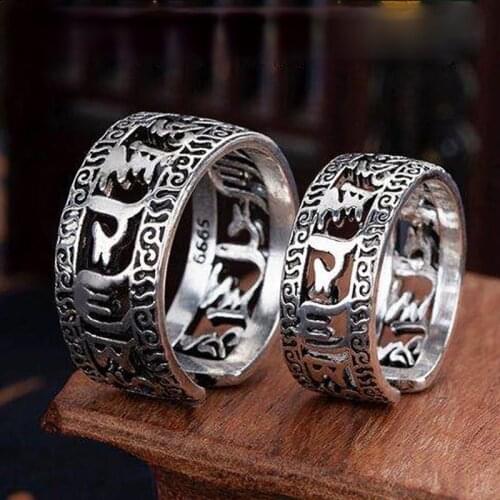 Couple Rings Vintage Silver Color Six Word Truth Rings Lovers Adjustable Finger Ring for Men Women Buddhism Jewelry Party Gifts