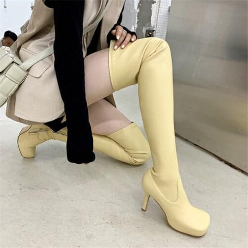 PXELENA Sexy Stretch Thigh High Boots Women Stiletto Heels Party Dress Nightclub Catwalk Over The Knee Socks Boots Plus Size 43