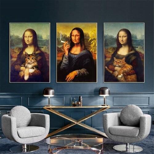 Retro Canvas Paintings Spoof Mona Lisa Cat Graffiti Art Abstract Canvas Painting Posters and Prints Wall Canvas Art Home Decor