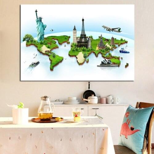 Plane Famous Building Globe World Map Canvas Painting Nordic Poster and Print Minimalist Wall Picture for Living Room Kids Room