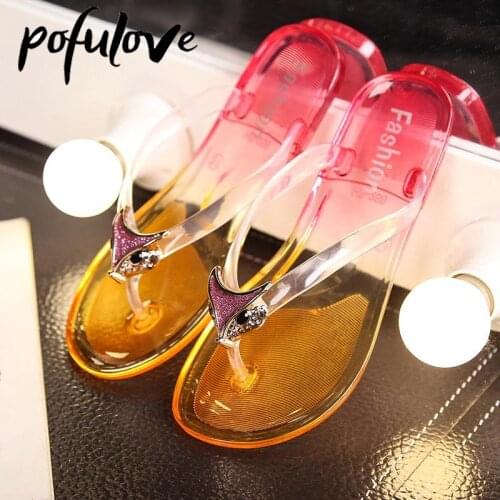 Pofulove Flip Flops Women Fashion Beach Slippers Flat Transparent Summer Crystal Korean Non Slip Sliders Outdoor Jelly Sandals
