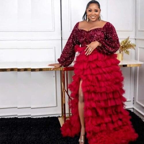 Dark Red Plus Size Evening Dresses Sid eSplit Tiered TulleBottom Long Sleeves Prom Dress Arabic Robe Women Formal Party Vestidos