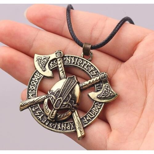 Viking Men Odin Raven Slavic Amulet Sword Axe Helmet Pendant Necklace Vintage Gold Color Round Necklaces Jewelry Gift