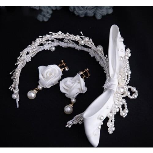 Super Fairy Pearl Beads Crown Sweet Hairbands Girl Crown Earrings Bride Wedding Hair Accessories