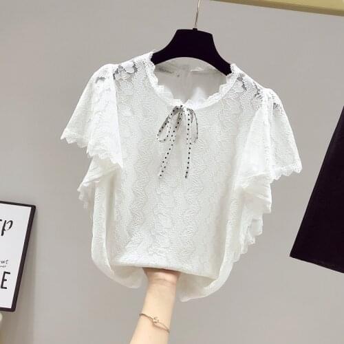 New 2021 Summer Elegant Women Bow Short Sleeves Hollow Out Lace Shirts Female Casual Pullover Tops Sweet Ladies Shirt Blouse