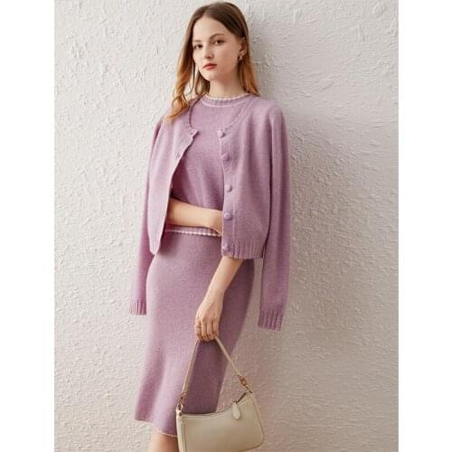 Tweed Suits Women Three Pieces Set 65% Wool 35% Cashmere Knitted O Neck Elegant Design Straight Skirts Ladies New Fashion