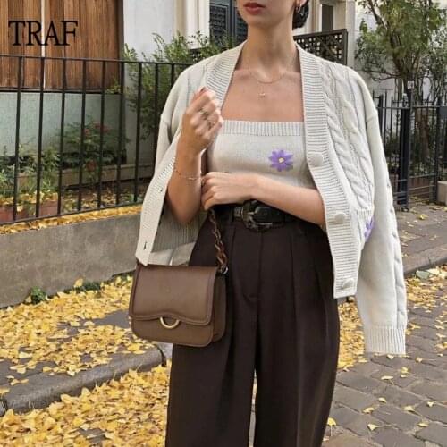 TRAF Za Women Cardigan Sweater Women Beige Button Long Sleeve Top Loose Knitted Womens Coat Autumn 2021 Vintage Women Sweaters