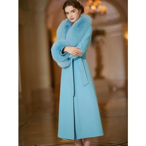 Winter Coat Female Elegant 100% Wool Jacket Women Clothes 2020 Korean Vintage Fit Long Fox Fur Collar Belt Woolen Jackets 19D006