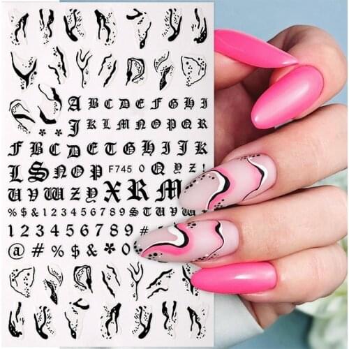 1 Sheet Gothic Letter 3D Nail Art Stickers Black White Butterfly Leaf Line Self-adhensive Transfer Sliders For Nails Decals