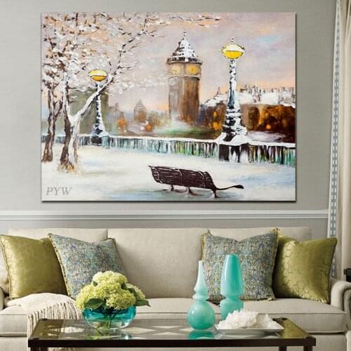 Abstract Landscape Painting Building Trees Streetlight Oil Painting 100% Hand Painted On Canvas Handmade Wall Art For Home Decor