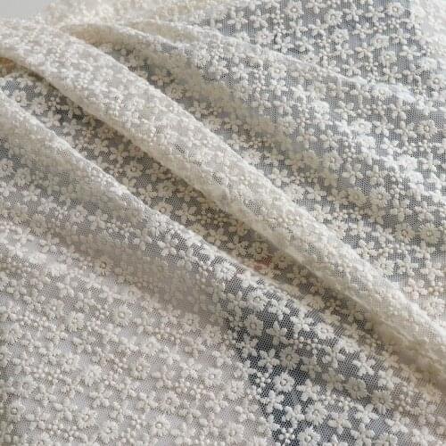 Beige Soft Mesh Flowers Full Embroidered Lace Fabric DIY Wedding Dress Curtain Doll Clothes Accessories Width 125cm 1Yard