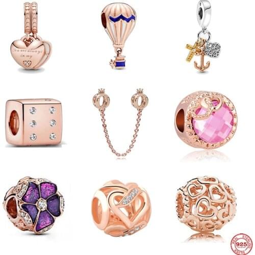 New Rose Gold Anchor Purple Flower Ballon Diy Bead Fit Original Pandora Charms Silver 925 Bracelet Making Fashion DIY Jewelry