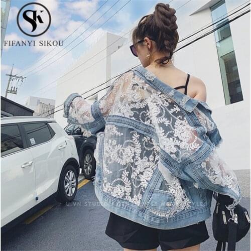 Lace Embroidery Denim Jacket Women Fashion Hollow out Spliced Jeans Jacket Female Streetwear Loose Long sleeve Jeans Coat 2020