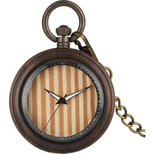 Classic Wooden Quartz Pocket Watch Concise Dial Bronze Alloy Pendant Chain Watch For Men Women