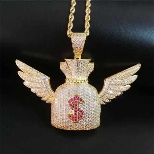 Iced Out Wings Dollar Purse Pendant Necklace With Chain New Arrival AAA Cubic Zirco Necklace For Men Fashion Hip Hop Jewelry
