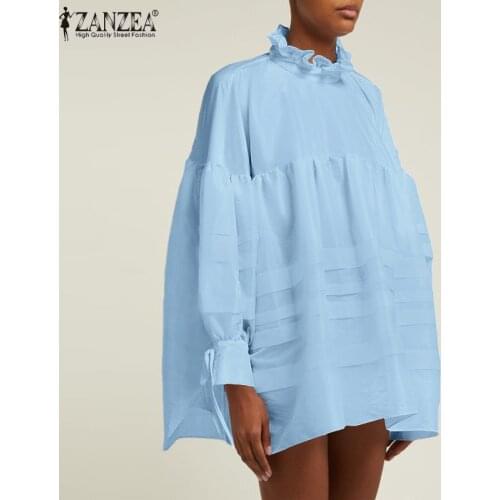 Fashion Pleated Tops ZANZEA 2021 Womens Lace Up Ruffle Blouses Spring Puff Sleeve Blusas Female Patchwork Chemise Plus Size