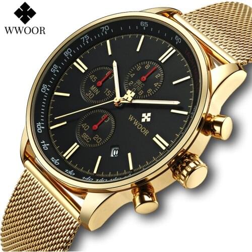 Relogio Masculino WWOOR Sports Mens Watches Top Brand Luxuy Gold Black Mesh Steel Quartz Waterproof Date Chronograph Wrist Watch