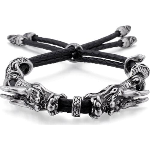Vintage Trend Stainless Steel Braid Double Dragon Bracelet Titanium Steel Mens Bracelet
