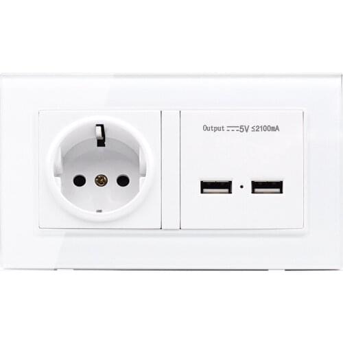 Wall Socket Eu Standard Power Outlet With Dual Usb Smart Induction Charge Port For Mobile 2.1a Crystal Glass Panel