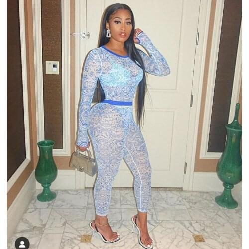 2021 Autumn and Winter New Womens Clothing Sexy Mesh See-Through Print One-Piece Trousers Suit