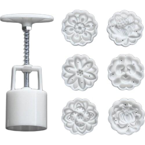 Plastic Mooncake Mold 50g Cookie Cutter with 6 Flower Stamps Chocolate Mould DIY